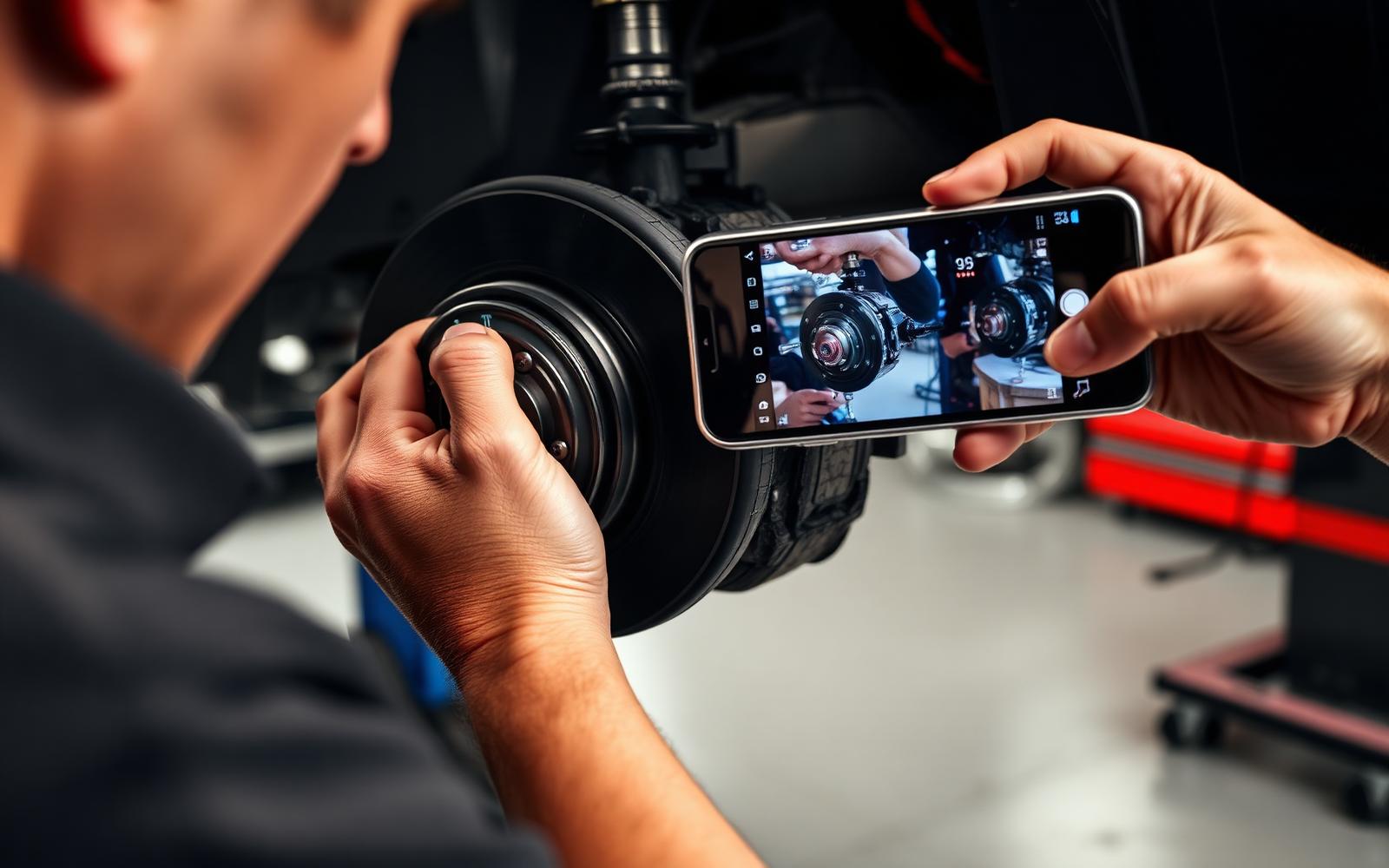 Technician documenting a brake measurement during a digital vehicle inspection