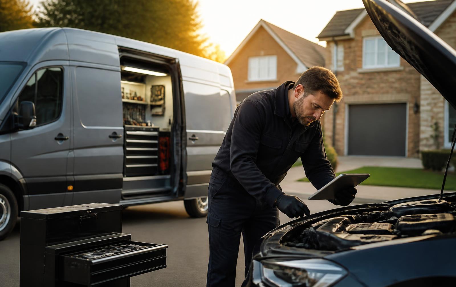 Mobile mechanic servicing a vehicle at a customer location