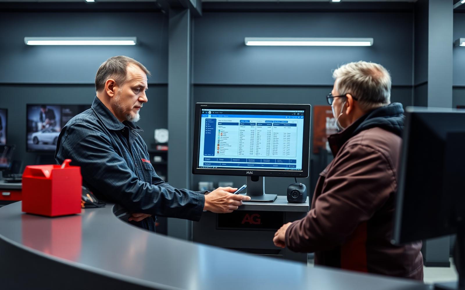 Service advisor reviewing a digital estimate with a customer at a service counter